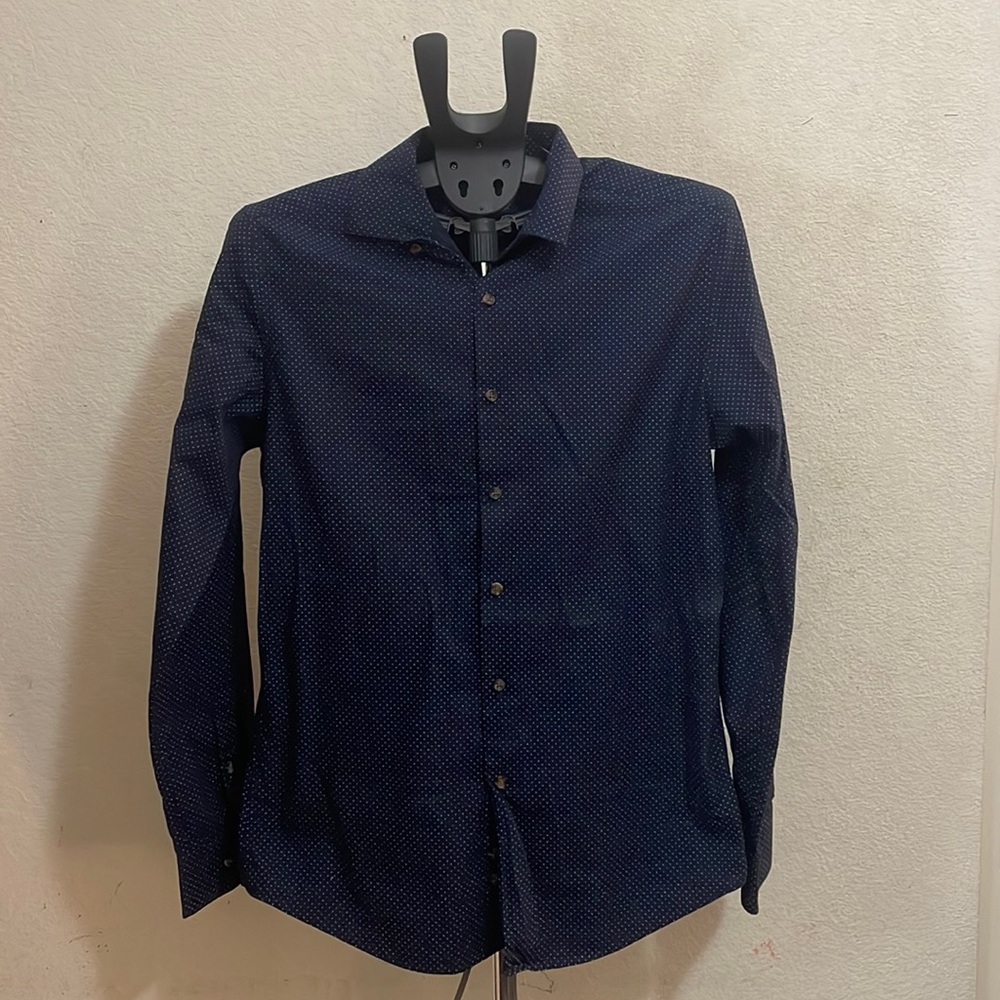 Bar III Slim Fit Navy Polka Dot Dress Shirt
